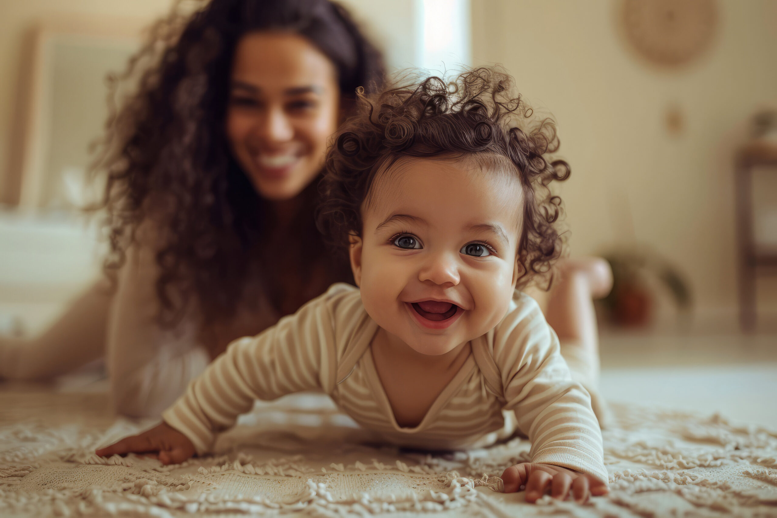 Smiling baby in beige pyjamas crawling across the floor towards their mother