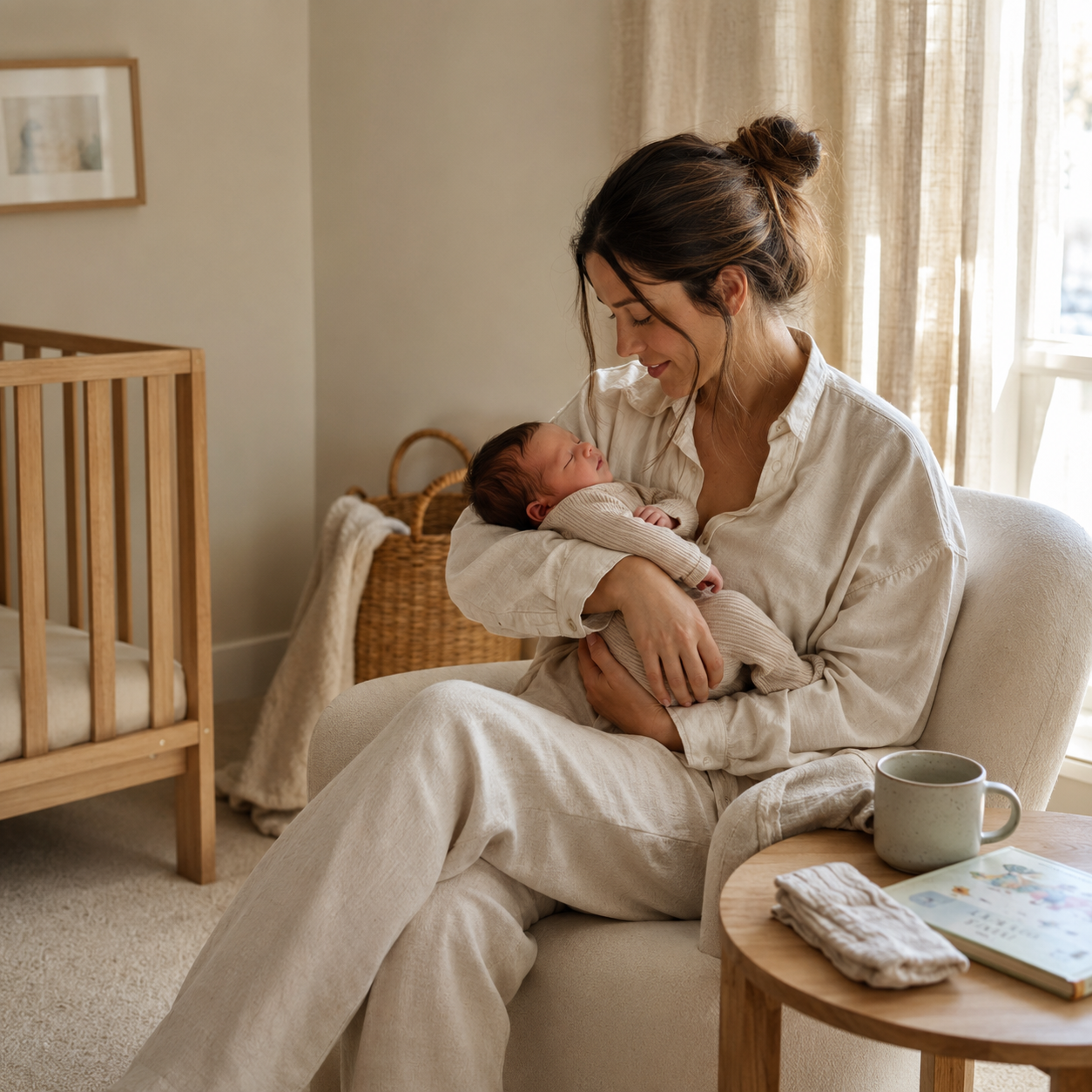 Mother in cream loungewear cradling her newborn baby in a nursery armchair beside a wooden cot