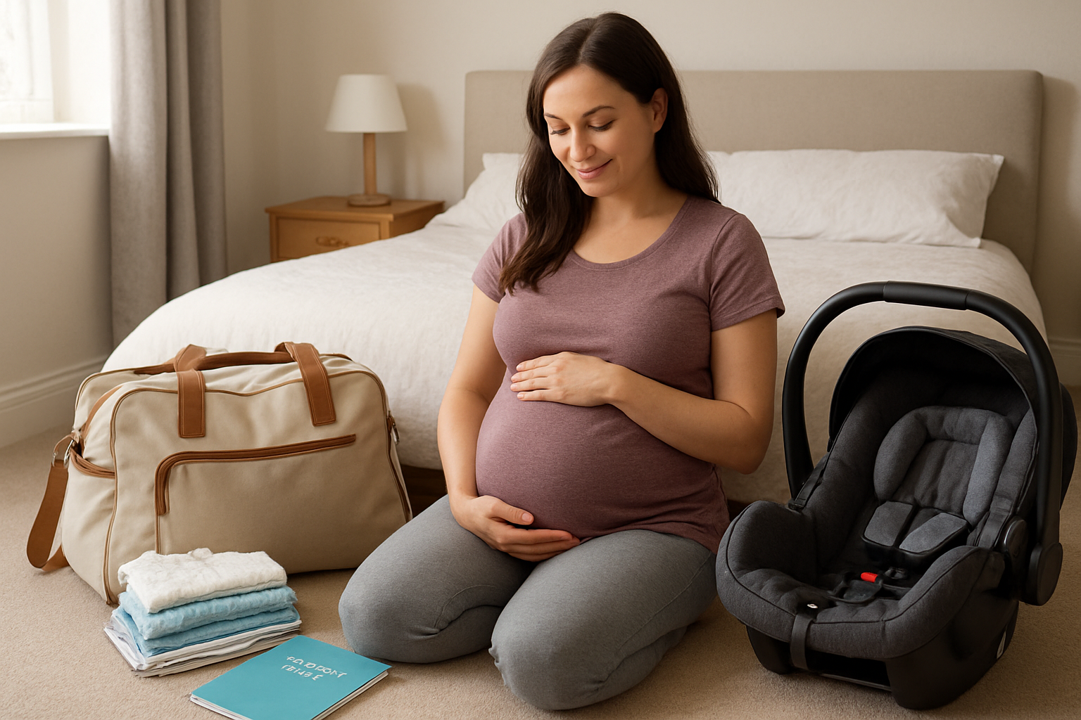 A pregnant woman sitting beside a packed hospital bag in a calm bedroom, with folded baby clothes, maternity notes and a rear-facing infant car seat ready nearby.