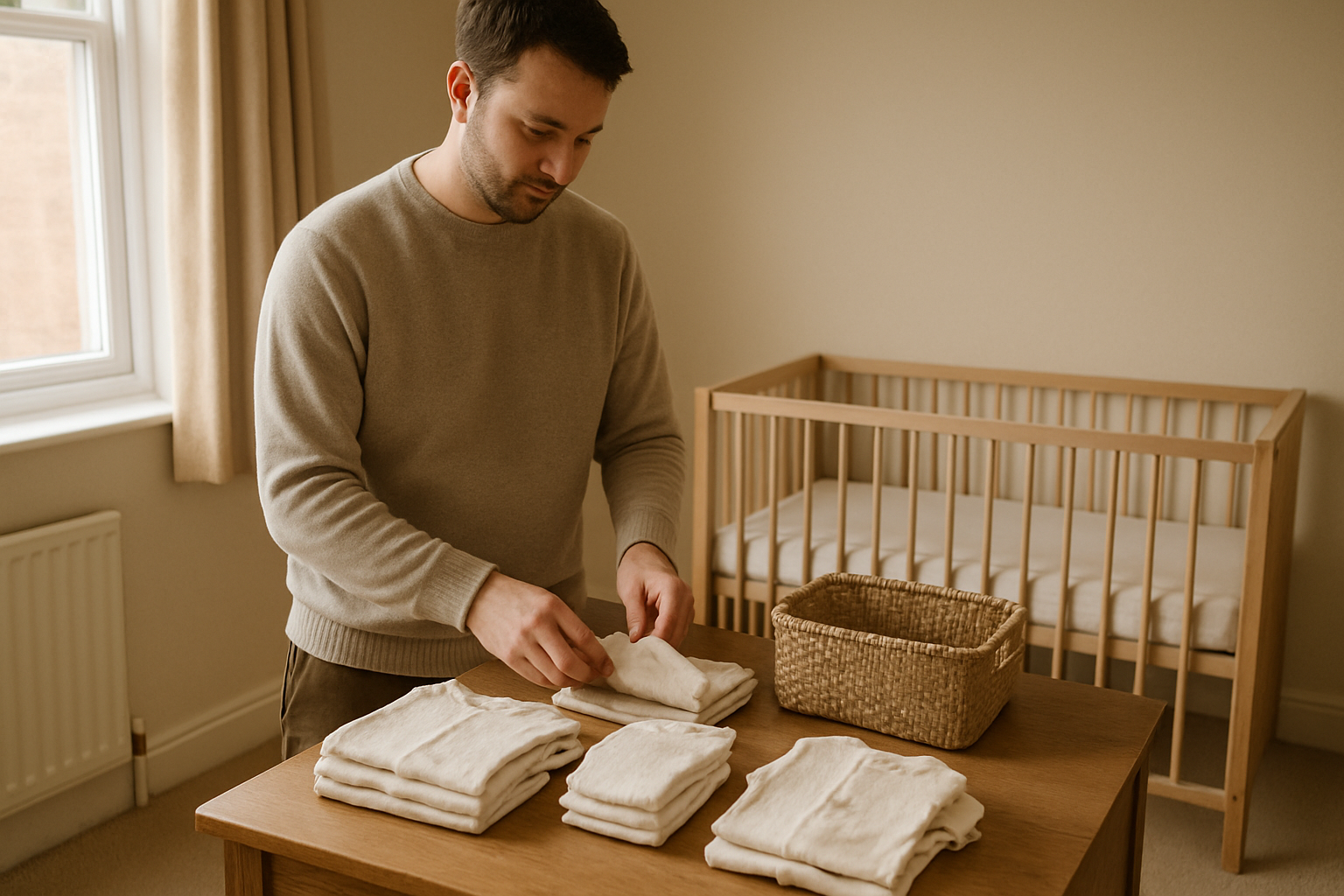 A calm new parent preparing a small selection of newborn essentials in a warm, lived-in British nursery or bedroom. Neatly folded neutral sleepsuits and bodysuits, a few nappies and muslin cloths sit beside a woven basket, with a clear simple crib visible softly in the background. Cream, oatmeal, pale stone and light oak tones, soft natural window light, realistic premium documentary parenting photography, practical rather than styled, uncluttered composition with visual breathing space. The crib should be clear of pillows, toys, cot bumpers and loose bedding. No visible logos, readable text, product claims or excessive baby equipment.
