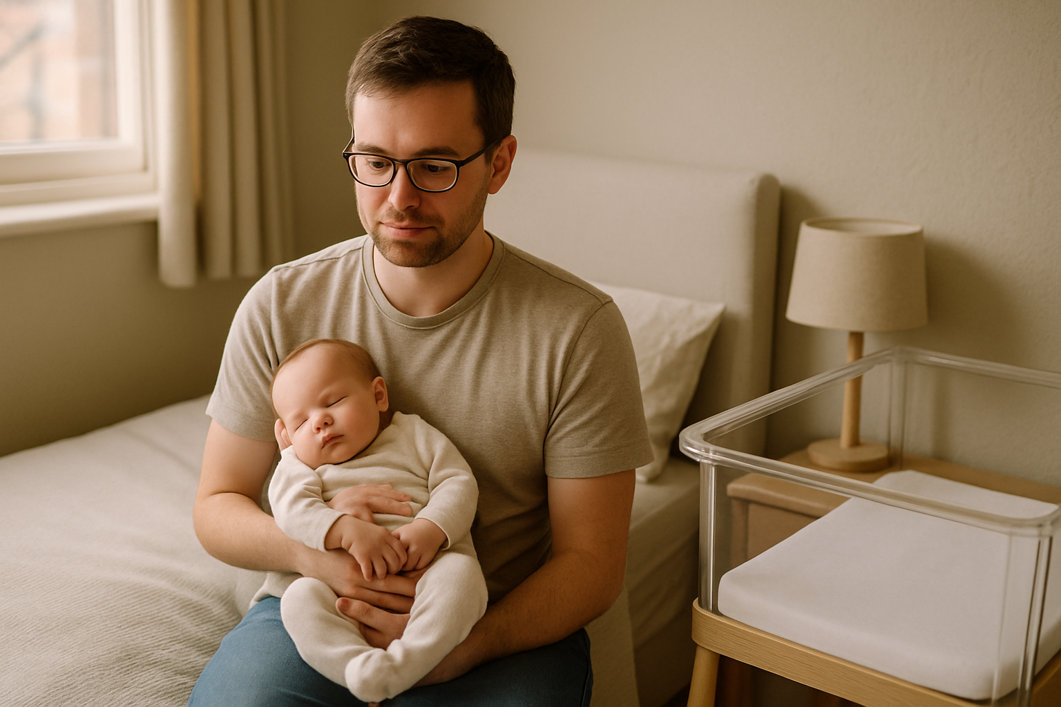 An awake parent comfortably holding a sleeping newborn during a quiet daytime moment in a warm, lived-in British bedroom or nursery. The parent is seated upright and clearly awake, with natural supportive posture and the baby's head gently supported. A clear bedside crib is visible nearby and contains only a firm flat mattress and fitted sheet. Soft natural daylight, cream, oatmeal, pale stone and light oak tones, realistic premium documentary parenting photography, calm emotional connection, natural expression and uncluttered composition. Do not depict the adult asleep or drowsy. No pillows, duvets, loose blankets, toys, cot bumpers, sleep positioners, pods or nests in the crib. No sofa sleeping, armchair sleeping, visible logos, readable text or product claims.