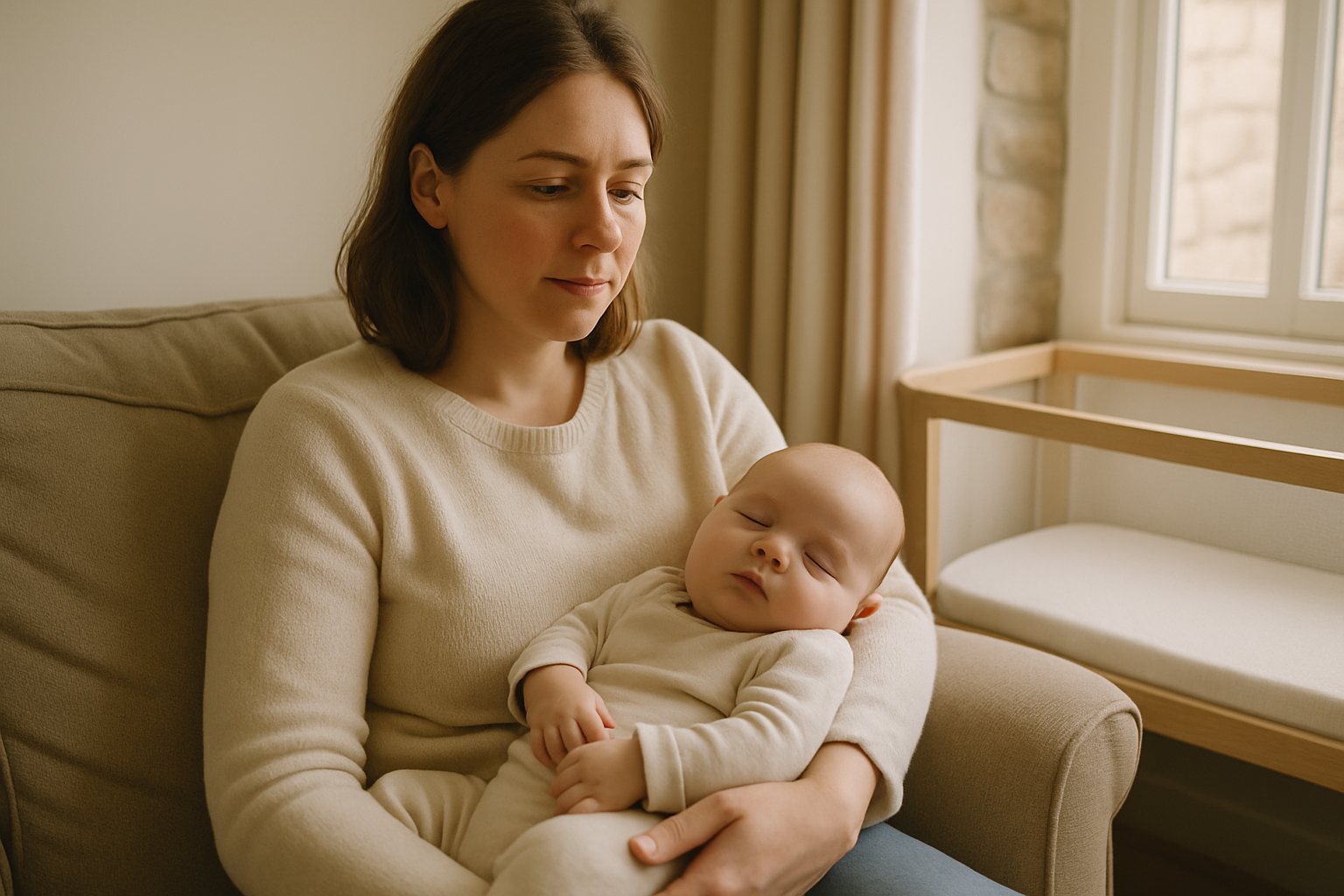 An awake parent comfortably holding a sleeping young baby during a quiet daytime moment in a warm, lived-in British home. Natural upright posture, baby's head gently supported and face visible and unobstructed. Soft natural daylight, cream and oatmeal textiles, pale stone and light oak tones, realistic premium documentary parenting photography, calm emotional connection and uncluttered composition. A clear crib may be softly visible nearby containing only a firm flat mattress and fitted sheet. The adult must clearly be awake. Do not depict sofa sleeping, armchair sleeping, loose bedding, pillows, cot bumpers, nests, pods or sleep positioners. No visible logos, readable text or product claims.