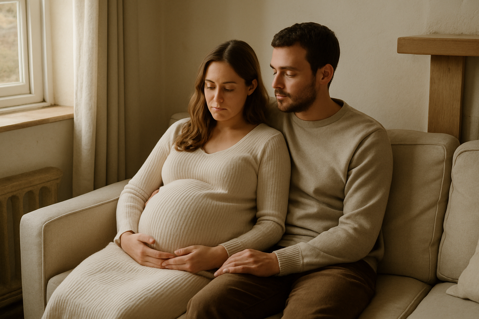 An expectant parent sitting quietly with their partner in a warm, lived-in British home, sharing a calm reflective moment before their baby's arrival. Natural relaxed body language, gentle connection without posed smiles or direct eye contact with the camera. Soft window light, cream, oatmeal, pale stone and muted taupe tones, light oak details, simple linen textures and an understated domestic setting. Premium documentary parenting photography, emotionally honest, reassuring and spacious rather than sentimental or staged. No visible logos, readable text, product claims, dramatic expressions or medical imagery.