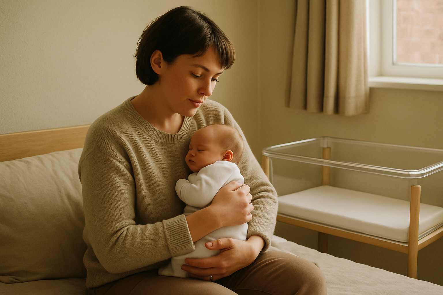 A new parent holding a newborn close during a quiet daytime moment in a warm, lived-in British bedroom or nursery. The parent is seated comfortably with natural supportive posture, looking gently towards the baby rather than the camera. A clear simple bedside crib is softly visible in the background, containing only a firm flat mattress and fitted sheet. Soft natural window light, cream, oatmeal, pale stone and light oak tones, realistic premium documentary parenting photography, emotionally honest and reassuring, uncluttered composition with visual breathing space. No pillows, toys, cot bumpers, sleep positioners or loose bedding in the baby's sleep space. No visible logos, readable text, product claims or exaggerated expressions.