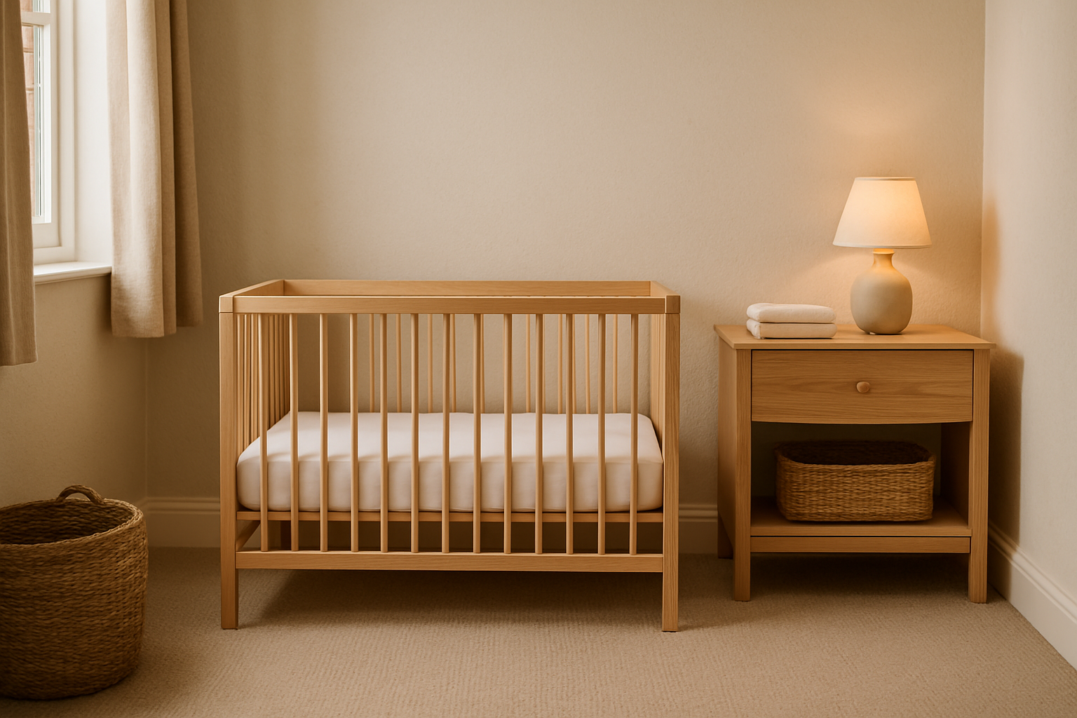 A calm, practical nursery in a warm, lived-in British home, prepared for a new baby. A simple clear cot with a firm flat mattress and fitted sheet, light oak furniture, cream and oatmeal textiles, a woven storage basket, folded neutral baby clothes and one understated lamp. Soft natural window light, pale stone tones, realistic premium editorial interior photography, welcoming rather than showroom-perfect, uncluttered composition with visual breathing space. The cot must contain no pillows, toys, cot bumpers, sleep positioners or loose bedding. Keep cords and hazards away from the cot. No visible logos, readable text or product claims.