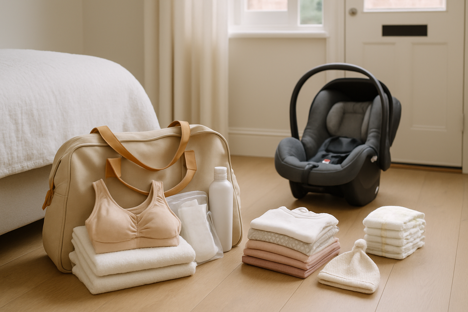 A neatly packed hospital bag beside a bed in a bright UK home, with folded baby clothes, maternity essentials and a newborn car seat ready by the door.
