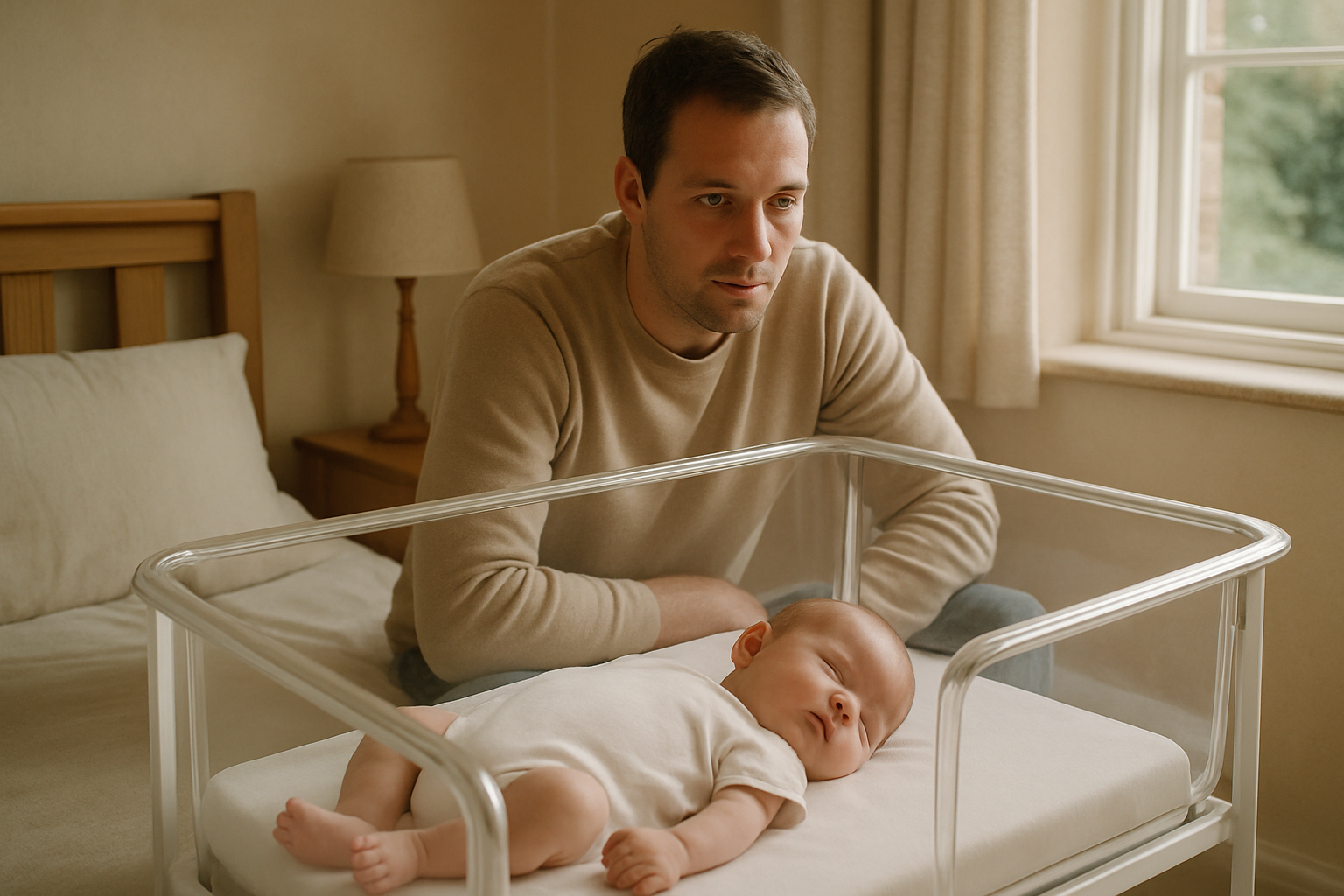 A newborn sleeping safely on their back in a clear bedside crib during daytime, with an awake parent nearby. The crib contains only a firm flat mattress and fitted sheet, and the baby's face is clearly visible and unobstructed. A warm, lived-in British bedroom with soft natural window light, cream, oatmeal, pale stone and light oak tones, realistic premium documentary parenting photography, calm and uncluttered composition. No pillows, duvets, loose blankets, toys, cot bumpers, nests, pods or sleep positioners. No visible logos, readable text or product claims.