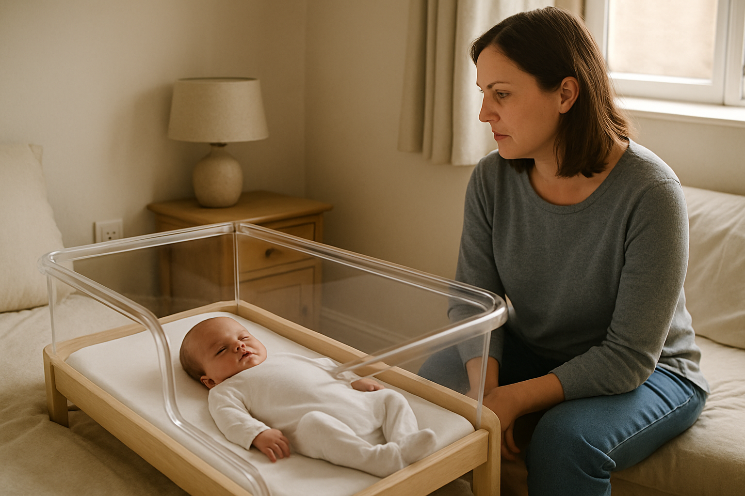 A newborn sleeping safely on their back in a clear bedside crib in a calm, lived-in British bedroom. The crib contains only a firm flat mattress and fitted sheet, with the baby's face clearly visible and unobstructed. A parent is nearby and awake, seated beside the crib in a quiet natural moment. Soft natural morning light, cream, oatmeal, pale stone and light oak tones, realistic premium documentary parenting photography, warm restrained colour grading and uncluttered composition. No pillows, duvets, loose blankets, toys, cot bumpers, sleep positioners, pods, nests or other objects inside the crib. No visible logos, readable text, product claims or staged expressions.